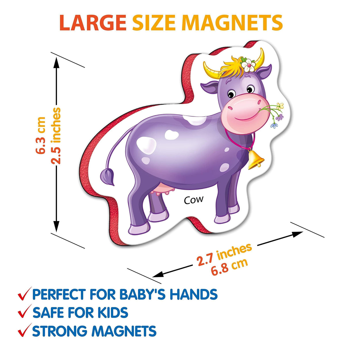 Large purple cow farm animal foam magnet with size measurements and labels