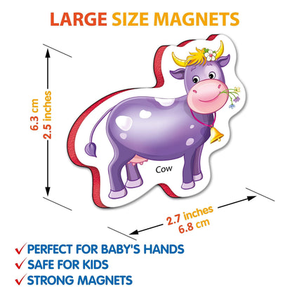 Large purple cow farm animal foam magnet with size measurements and labels