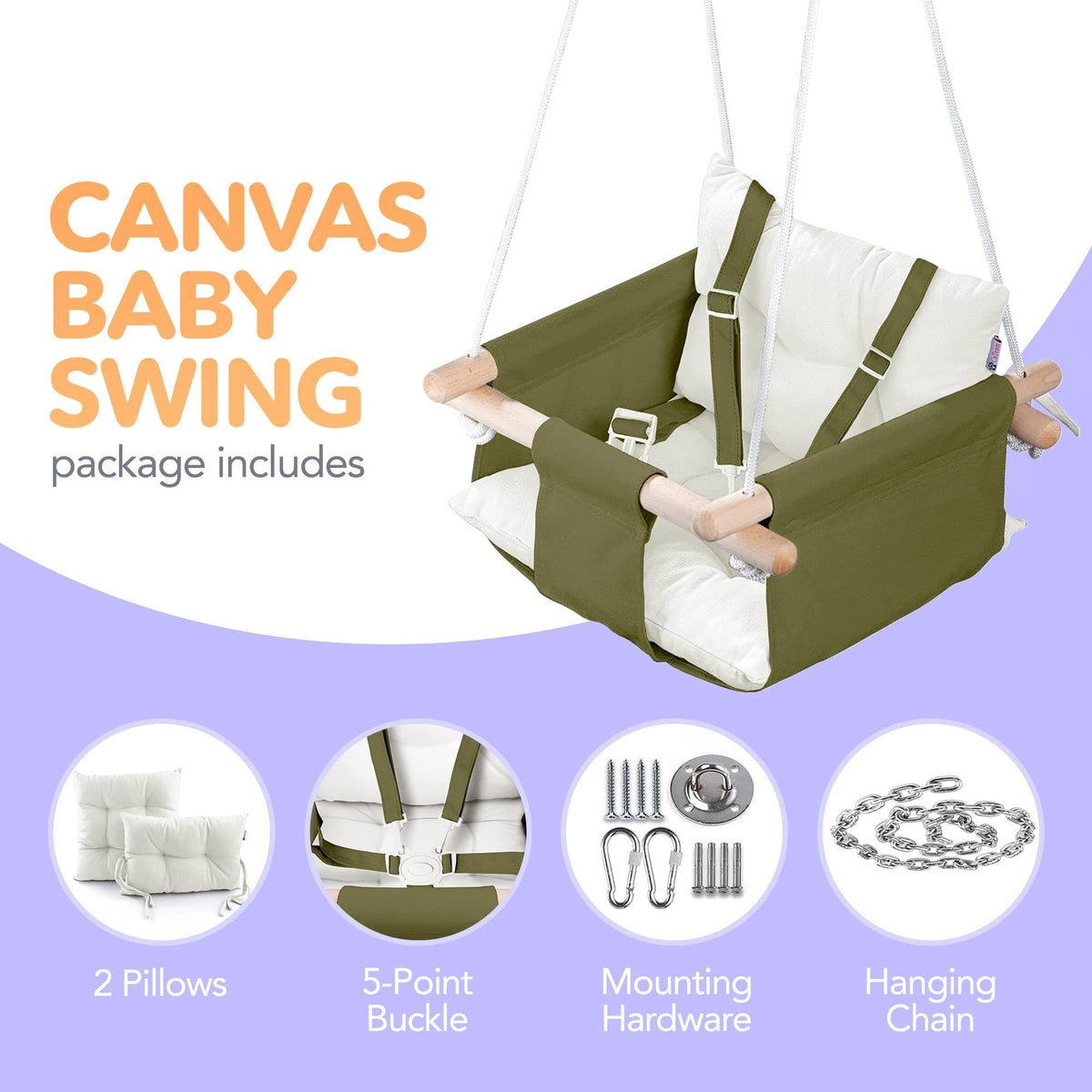 Olive canvas hanging baby swing with white cushions, wooden dowels, and safety belt