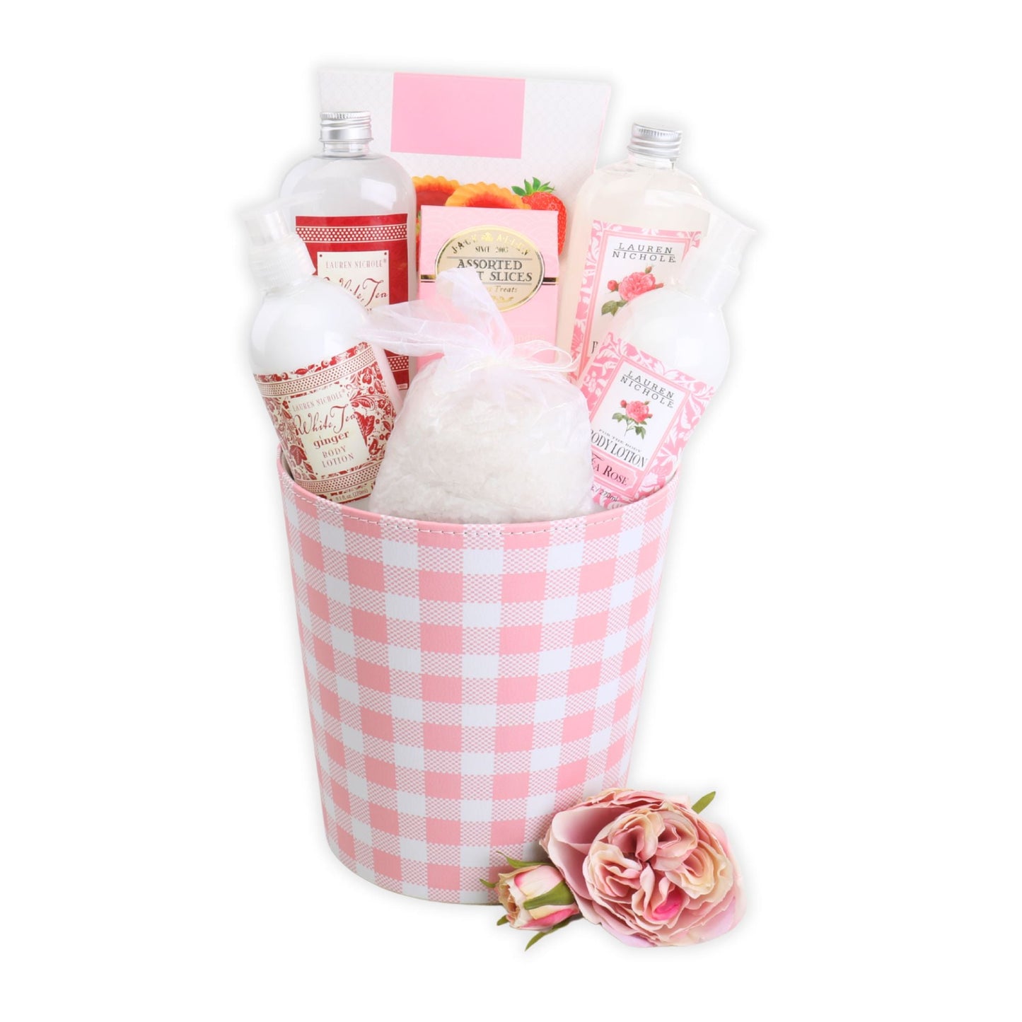 Spa gift basket with pink gingham bucket, shower gel bottles, bath salts, soaps, pink rose