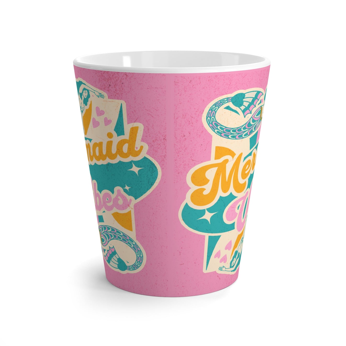 Mermaid Vibes Latte Mug – Retro 70s Pink Mermaid Design with Gold Script | 12oz White Ceramic | Groovy Ocean Coffee Gift