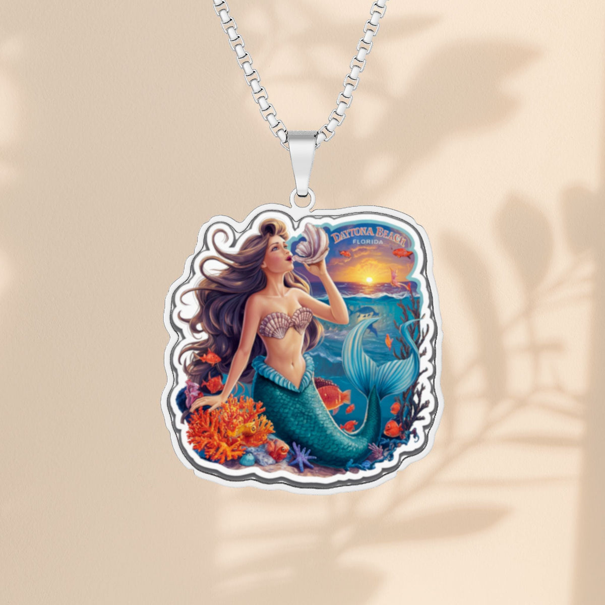 Daytona Beach Mermaid Necklace - Florida Mermaid Pendant with Sunset Ocean Scene, Daytona Beach Florida Jewelry Gift in Stainless Steel, Gold, or Silver