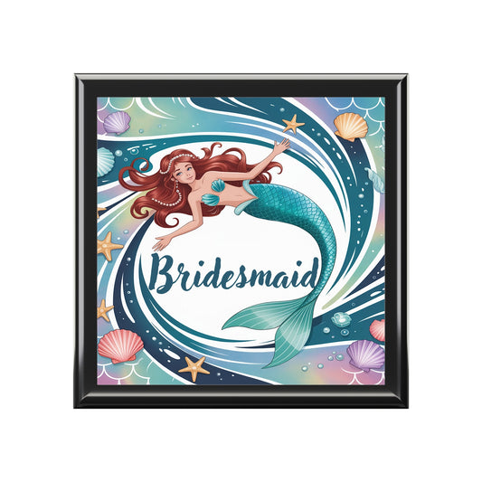 Mermaid Bridesmaid Jewelry Box – Illustrated Mermaid ‘Bridesmaid’ Keepsake Box | Rubberwood | Ebony Black, Golden Oak or Red Mahogany | Beach Wedding Bridal Party Gift
