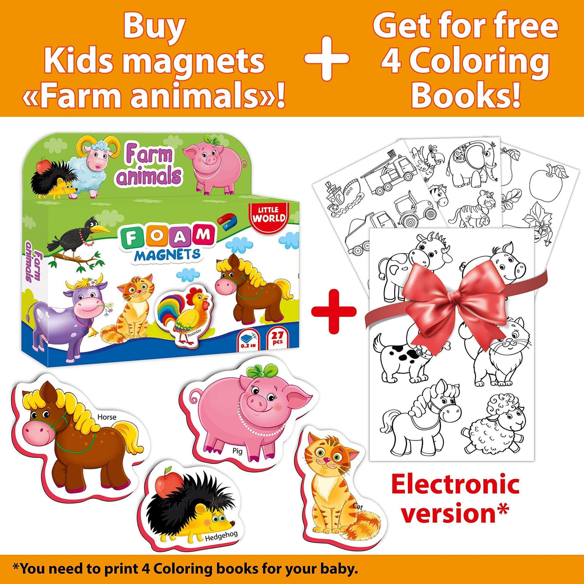 Farm animal foam magnet set bundle with coloring books and electronic version shown