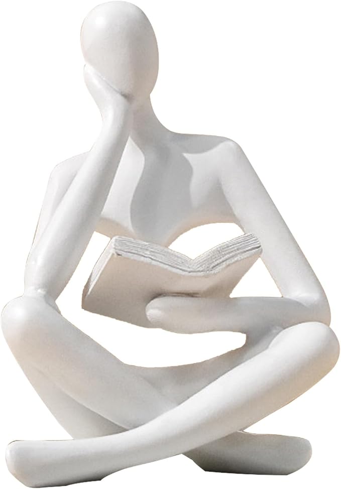 White abstract seated reading thinker resin statue with hands holding a book