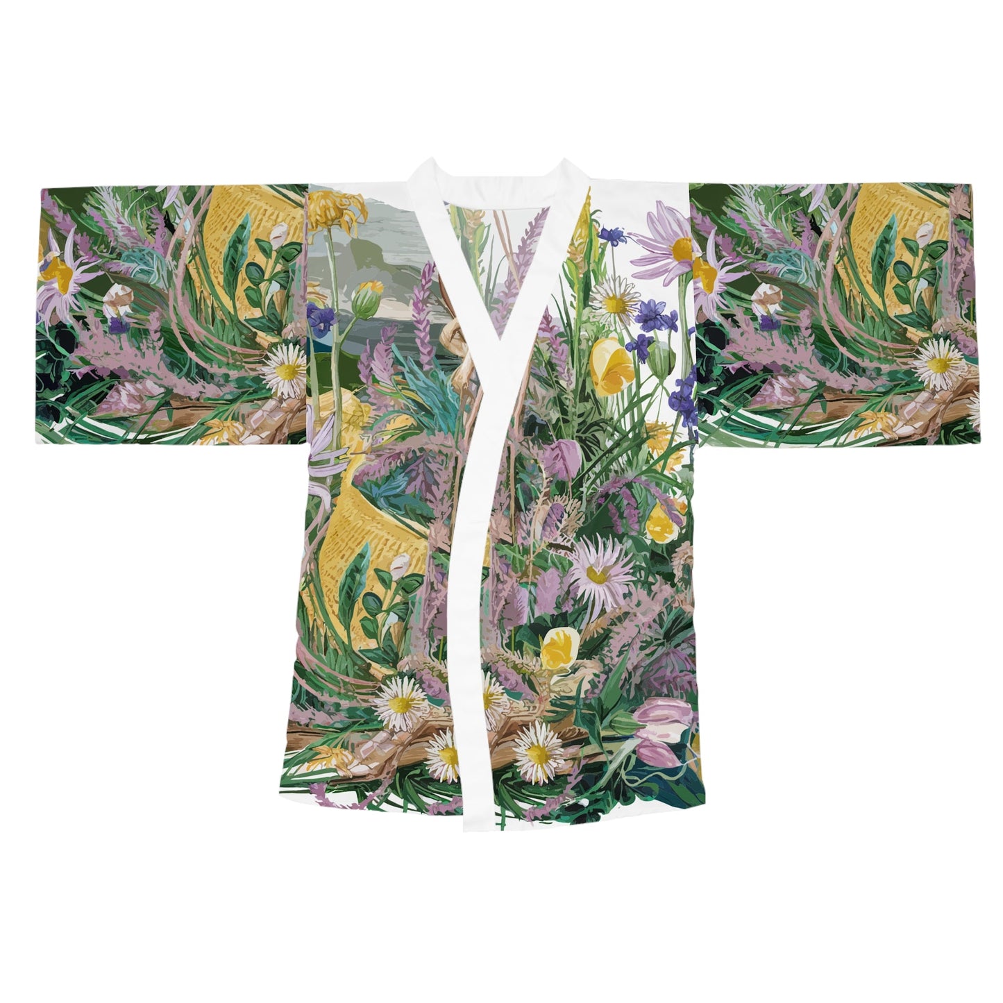 Beach Flowers Kimono Robe - Long Sleeve Coastal Floral Wrap for Beach Cover-Ups, Resort Wear, Lounging, and Travel XS to 2XL