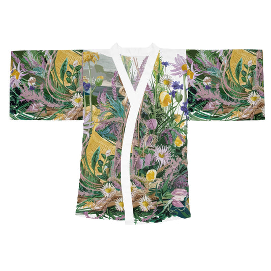 Beach Flowers Kimono Robe - Long Sleeve Coastal Floral Wrap for Beach Cover-Ups, Resort Wear, Lounging, and Travel XS to 2XL