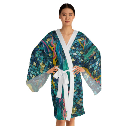 Mermaid Scale Party Kimono – Stained Glass Teal & Gold Mosaic Scale Print | XS–2XL | Black or White Trim | Festival Beach Wedding Coastal Cover-Up