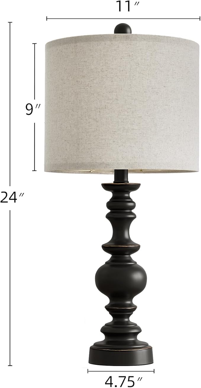 Farmhouse table lamp with beige linen drum shade and black resin base