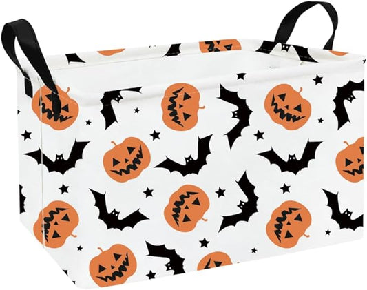 Foldable canvas storage bin with Halloween pumpkins/bats print, black carry handles