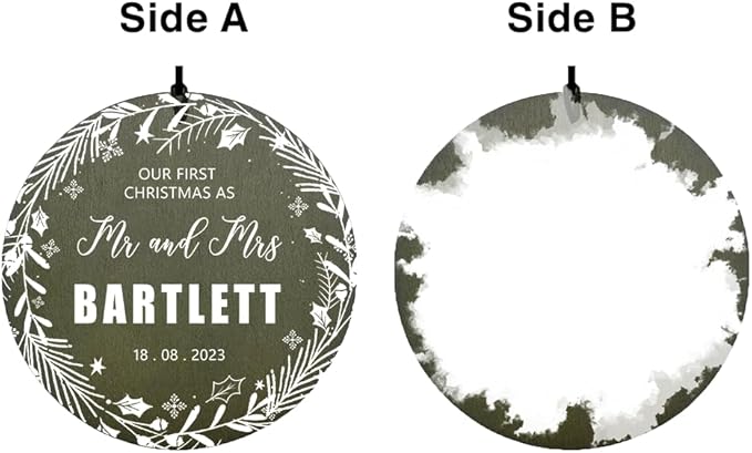 Two round wind chime sides: dark wreath engraved panel and lighter photo panel
