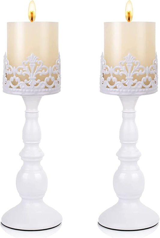 White pillar candle holders set of 2, candlesticks with ornate scroll cutouts