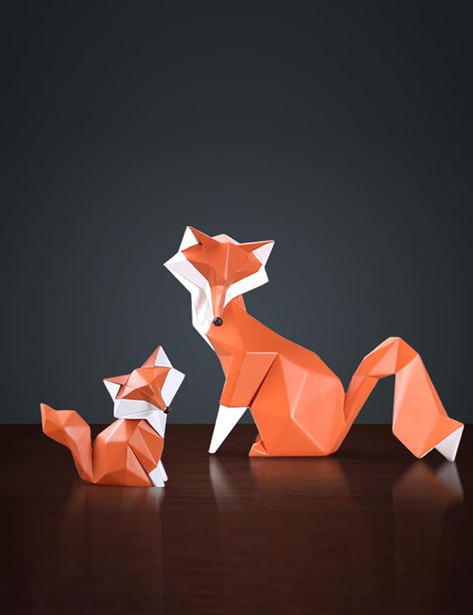 Geometric Fox Figurine - Hand-Painted Red and White Polyresin Animal Sculpture for Desk, Shelf, Bookcase, and Home Decor