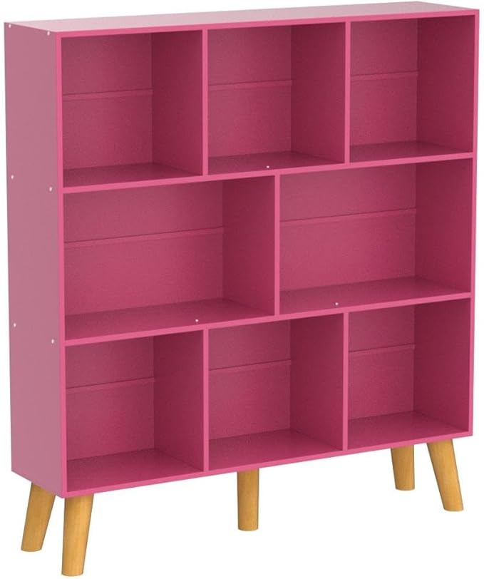 Pink 8-Cube Criss-Cross Bookshelf with Legs - 3-Tier Frosted Modern Open Bookcase for Nursery and Bedroom