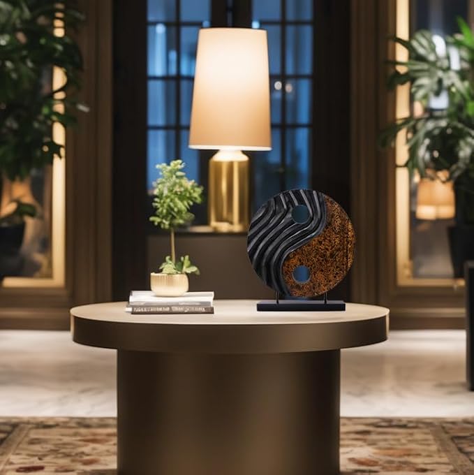 Small circular wood yin yang sculpture centered on a round table base; black and brown sides