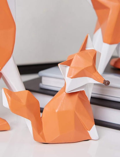 Geometric Fox Figurine - Hand-Painted Red and White Polyresin Animal Sculpture for Desk, Shelf, Bookcase, and Home Decor