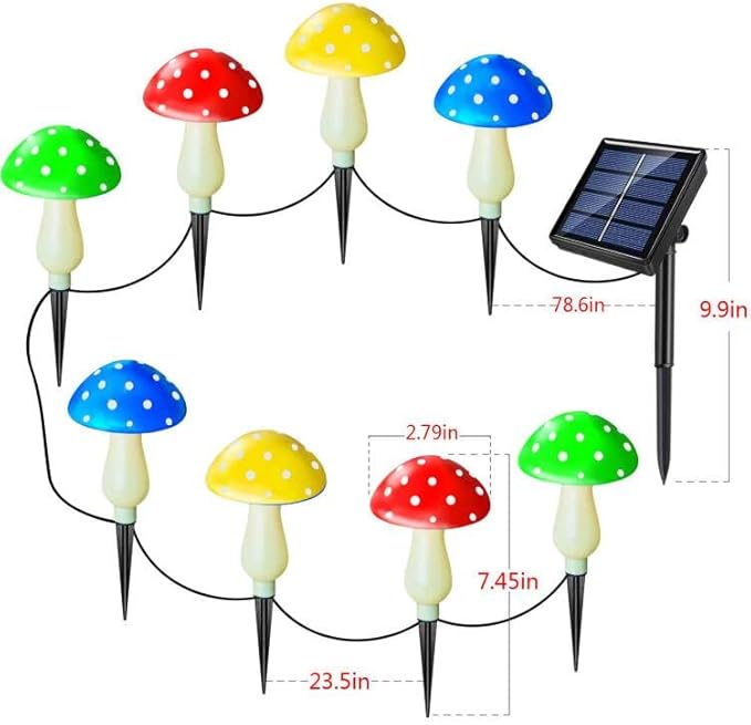 Solar mushroom LED light string with 8 spotted caps, stems, and connected wires