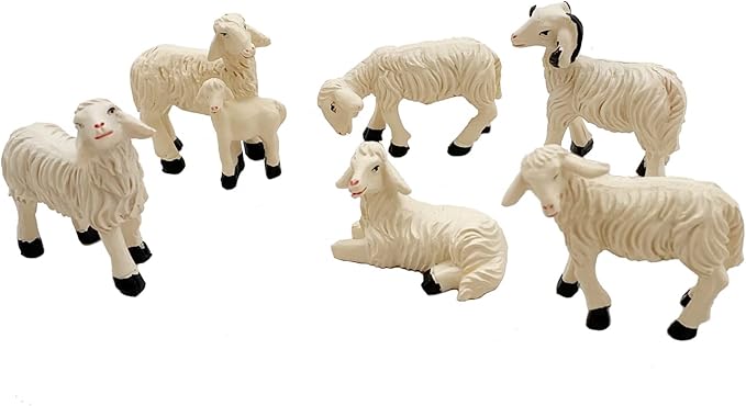 Set of 6 Sheep Garden Figurines - Resin Farm Animal Outdoor Decor