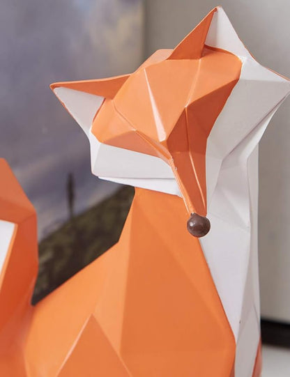 Geometric Fox Figurine - Hand-Painted Red and White Polyresin Animal Sculpture for Desk, Shelf, Bookcase, and Home Decor