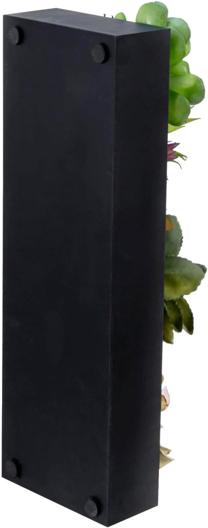Black rectangular planter box for faux succulents with corner mounting holes