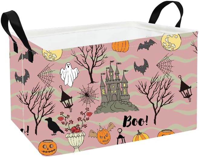 Halloween canvas storage bin with waterproof lining, foldable with handles; pink ghost and pumpkin print