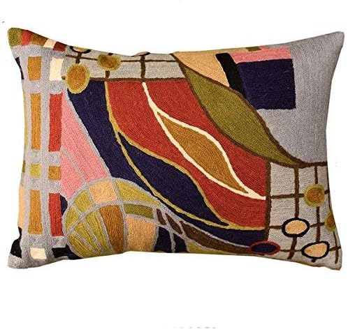 Decorative lumbar pillow cover with multicolor abstract biomorphic design and border