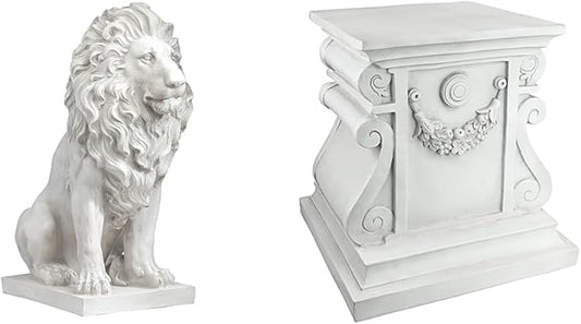 Lion of Florence Sentinel Statue with Garden Plinth - Antique Stone Resin Garden Sculpture and Pedestal Set for Gate, Lawn, and Entryway