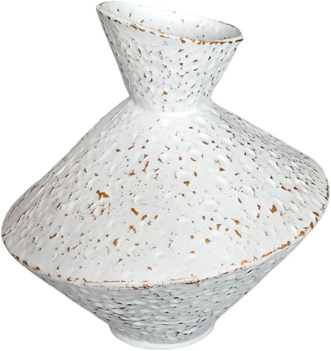 White hammered cast iron vase with angled neck, speckled surface and flared base