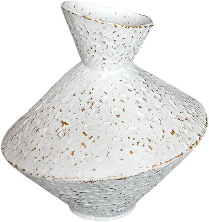 White hammered cast iron vase with angled neck, speckled surface and flared base