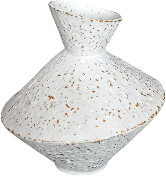 White hammered cast iron vase with angled neck, speckled surface and flared base