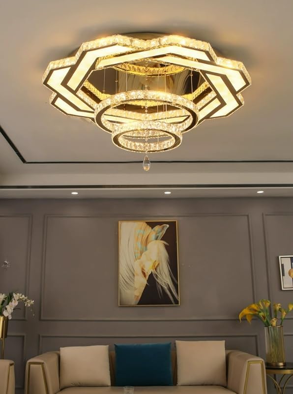 Gold crystal flush mount chandelier ceiling light with layered ring design