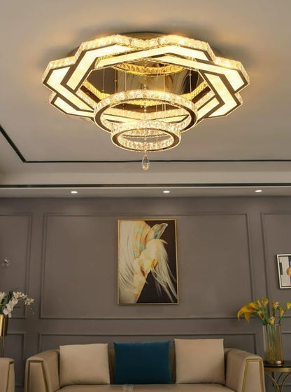 Gold crystal flush mount chandelier ceiling light with layered ring design
