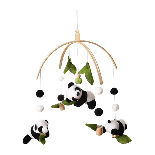 Panda crib mobile with wooden arch and panda plush hanging toys, green leaves