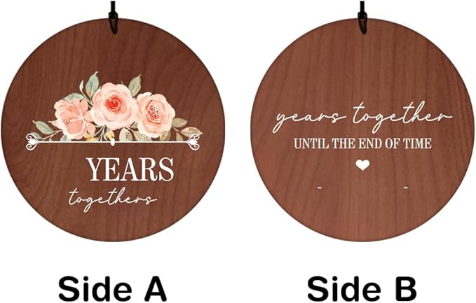 Two-sided wooden wind chime discs: Side A roses 'years together', Side B 'end of time'