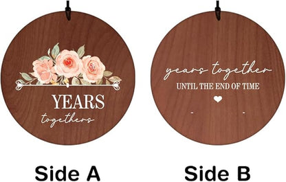 Two-sided wooden wind chime discs: Side A roses 'years together', Side B 'end of time'
