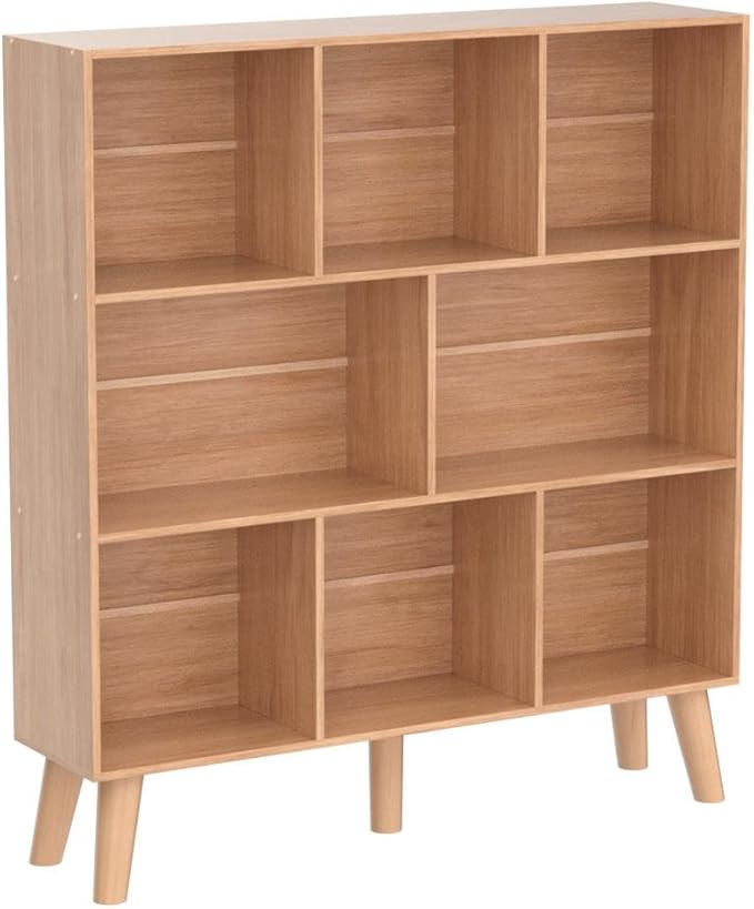 Natural Oak 8-Cube Wide Bookshelf with Wood Legs - Mid-Century Boho Bookcase for Living Room, Home Office, and Every Grown-Up Interior That Has Run Out of Places to Put Its Books