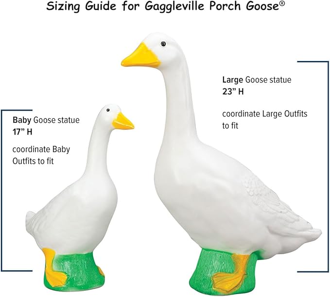 Large and small white goose statues shown side by side for size comparison