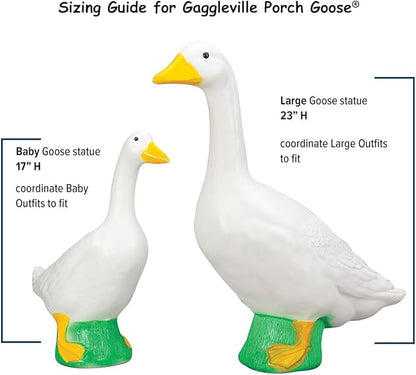 Large and small white goose statues shown side by side for size comparison
