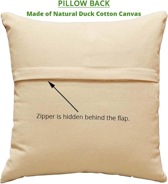 Cream canvas pillow back with hidden zipper flap; plain, unpatterned surface.