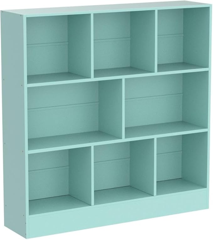 Mint green 8-cube bookshelf unit with open square compartments