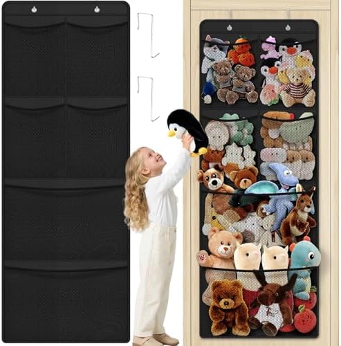 Over the Door Stuffed Animal Storage Organizer – 6 Large Expandable Mesh Pockets & Metal Hooks | Nursery, Bedroom & Playroom | Grey, Black, White