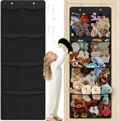 Over the Door Stuffed Animal Storage Organizer – 6 Large Expandable Mesh Pockets & Metal Hooks | Nursery, Bedroom & Playroom | Grey, Black, White