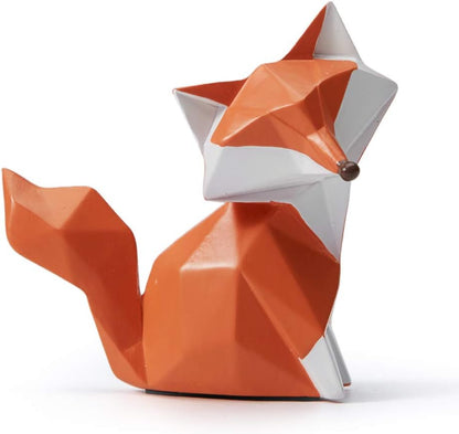 Geometric Fox Figurine - Hand-Painted Red and White Polyresin Animal Sculpture for Desk, Shelf, Bookcase, and Home Decor