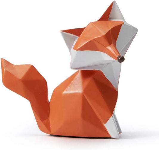 Geometric Fox Figurine - Hand-Painted Red and White Polyresin Animal Sculpture for Desk, Shelf, Bookcase, and Home Decor
