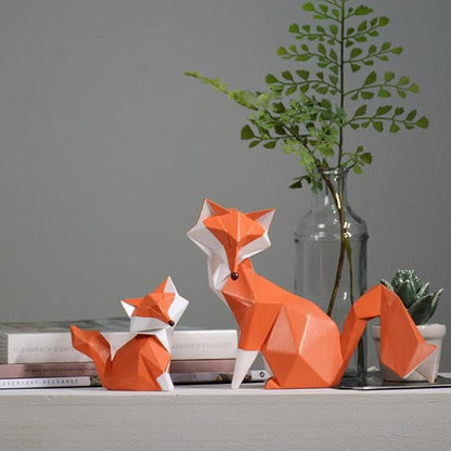 Geometric Fox Figurine - Hand-Painted Red and White Polyresin Animal Sculpture for Desk, Shelf, Bookcase, and Home Decor