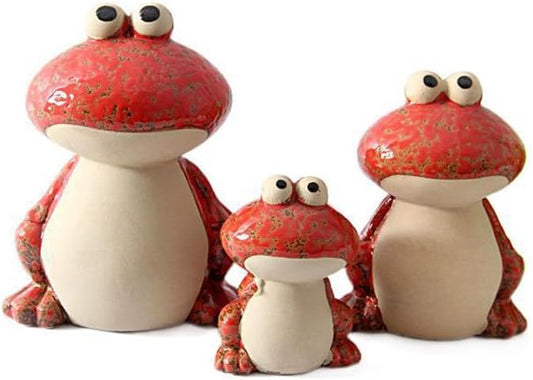 Red Ceramic Frog Family Garden Statue Set of 3 - Frog Dad, Mom, and Baby Decor for Pond, Pool, Patio, Porch, Lawn, and Home