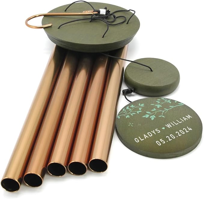 Copper-gold wind chime with dark green personalized round anniversary disc