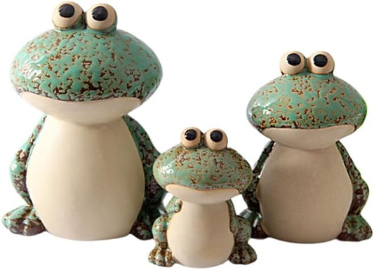 Ceramic Frog Family Garden Statue Set of 3 - Green Frog Dad, Mom, and Baby Decor for Pond, Pool, Patio, Porch, Lawn, and Home