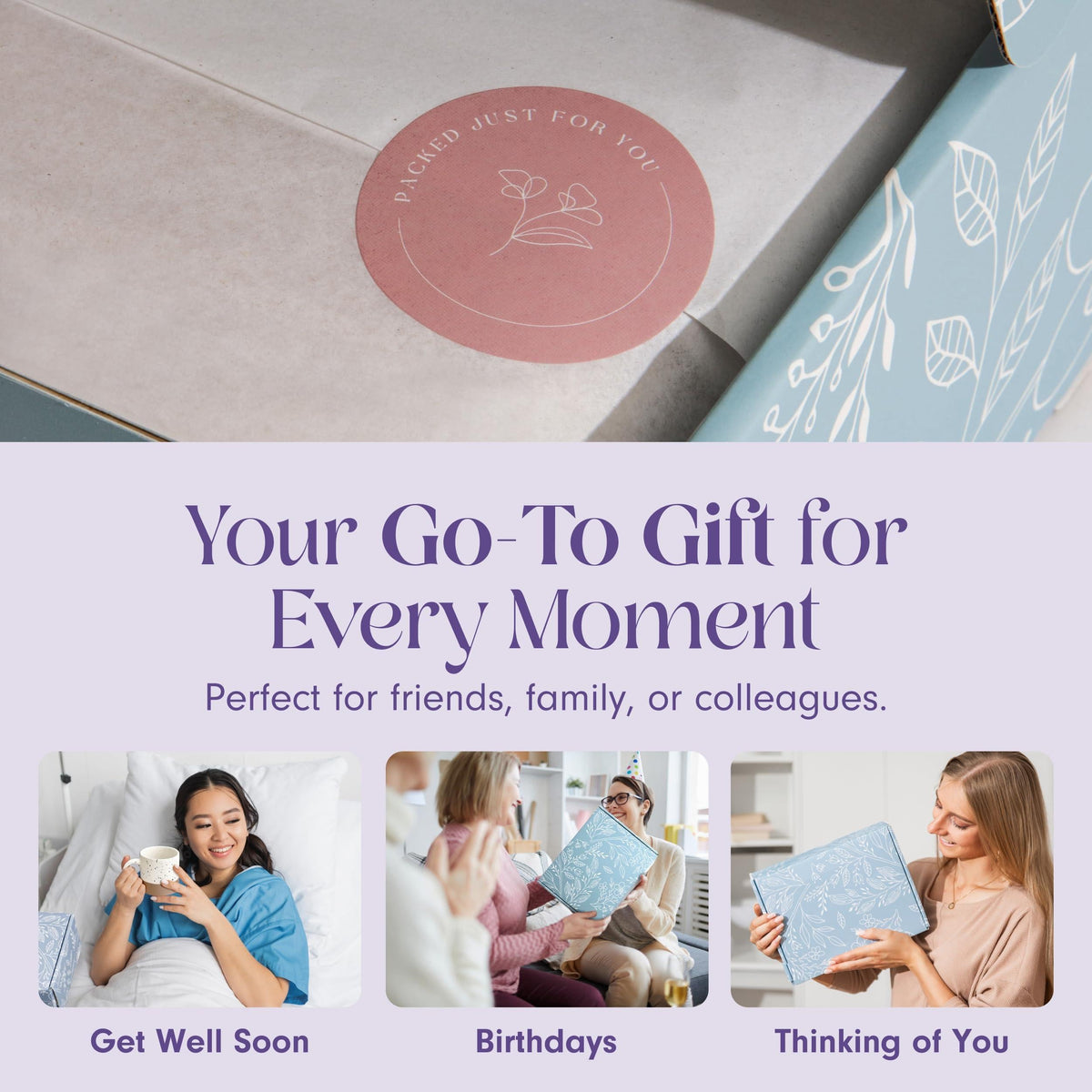 Blue patterned gift box with round pink seal on top