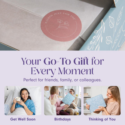 Blue patterned gift box with round pink seal on top
